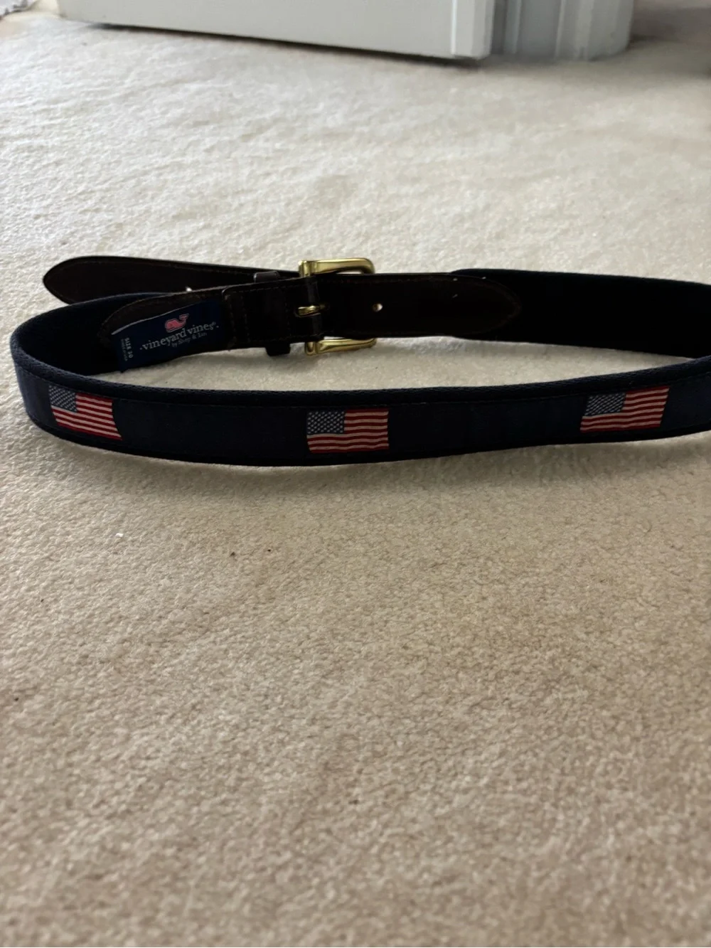 Vineyard Vines Navy Ribbon Belt with Brown Leather & Brass Buckle size 30